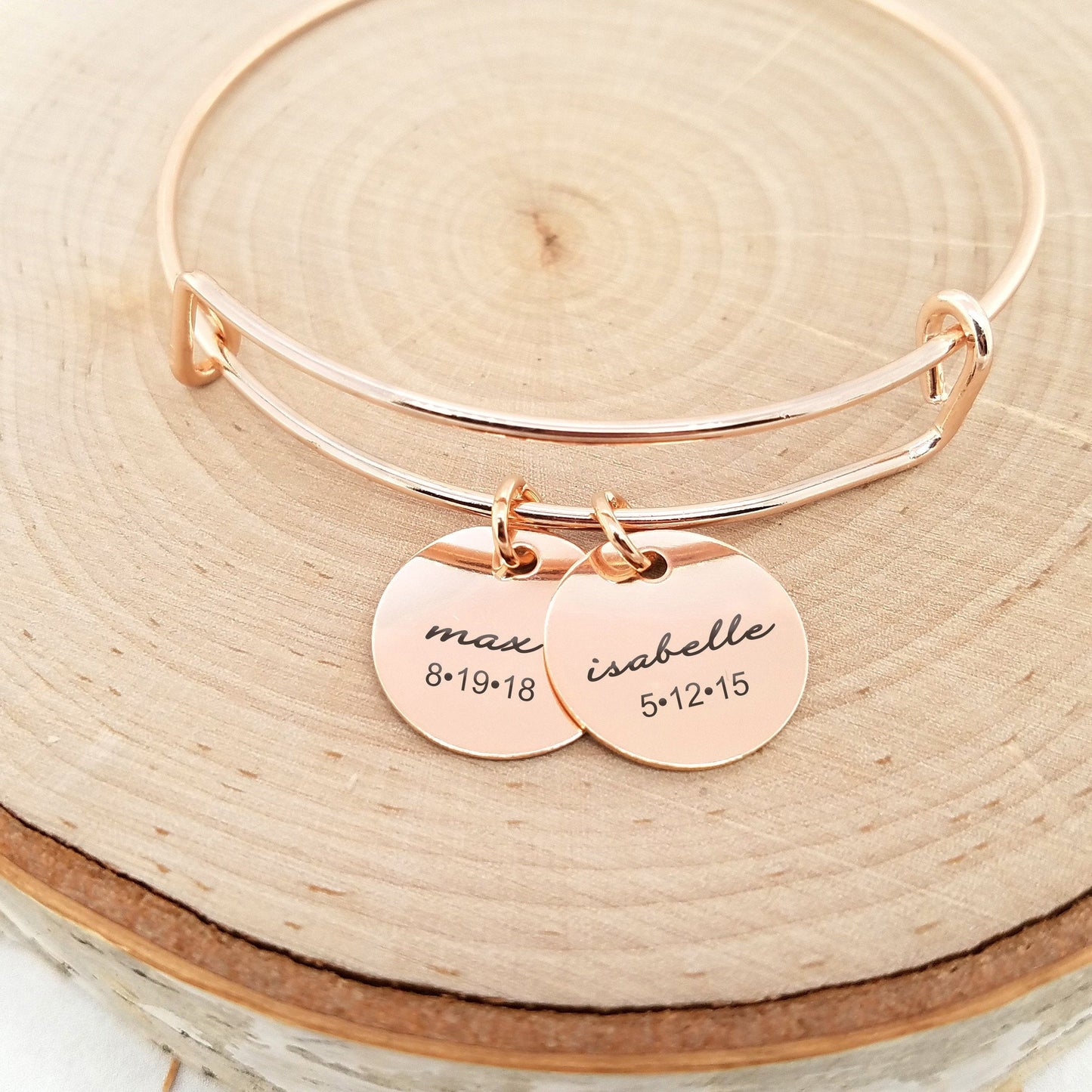 Personalized Rose Gold Bangle - Kids Name & Date Bracelet